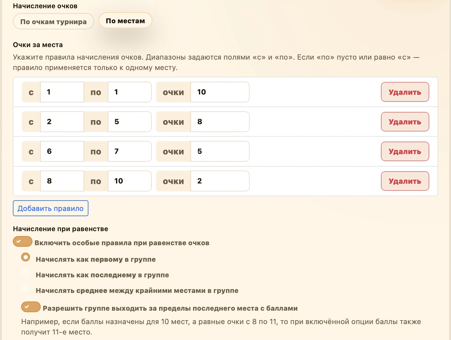 Начисление по местам: диапазоны мест и очки, особые правила при равенстве и разрешение выхода группы за границу начисления