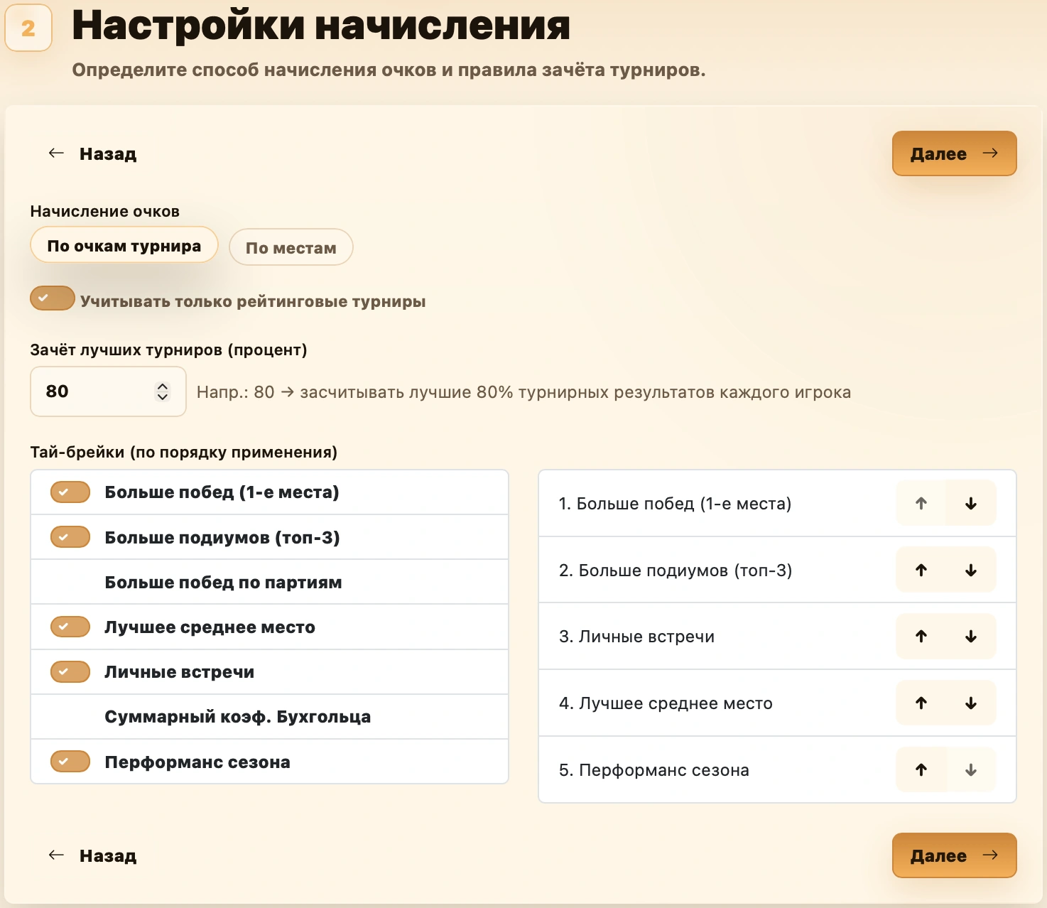 Настройки начисления по очкам турнира: только рейтинговые турниры, зачёт лучших 80 процентов и порядок тай-брейков
