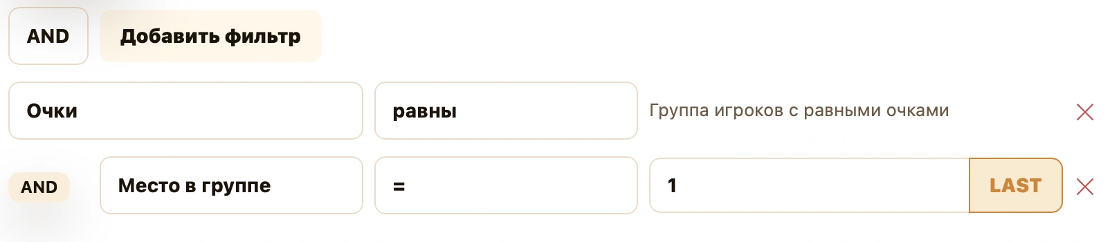 Фильтры с логикой AND: Очки — равны и Место в группе равно 1